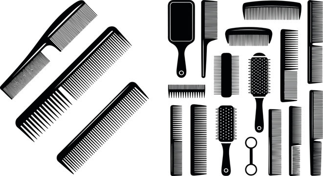 Professional Barber Hairbrush and Comb Vector Silhouette Set Featuring Detangling Round Styling Brushes and Wide Tooth Combs for Hairdresser Salon Designs