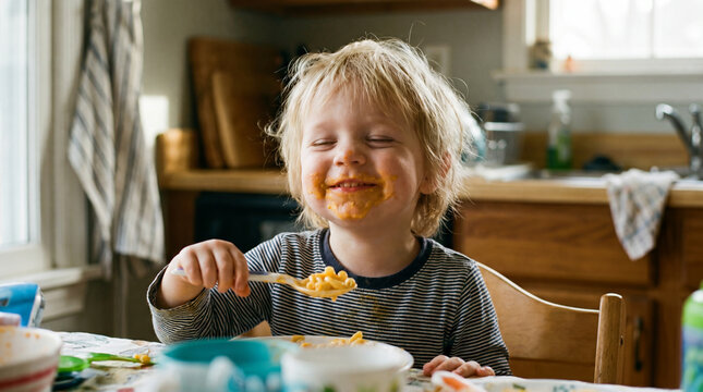 National Cheese Day toddler enjoying mac and cheese with satisfied expression for celebration greeting cards social media food marketing comfort food promotional materials