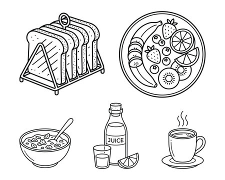 Breakfast food selection with toasted bread fruit plate cereal and coffee cup vector illustration.
