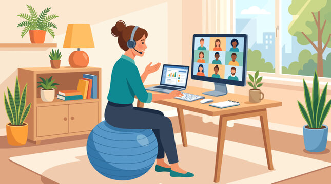 Professional woman working from home on a video conference call, sitting on an exercise ball for ergonomic comfort in a modern remote office setup.