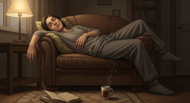 Relaxed Young Woman Lying on Brown Leather Sofa in Cozy Living Room