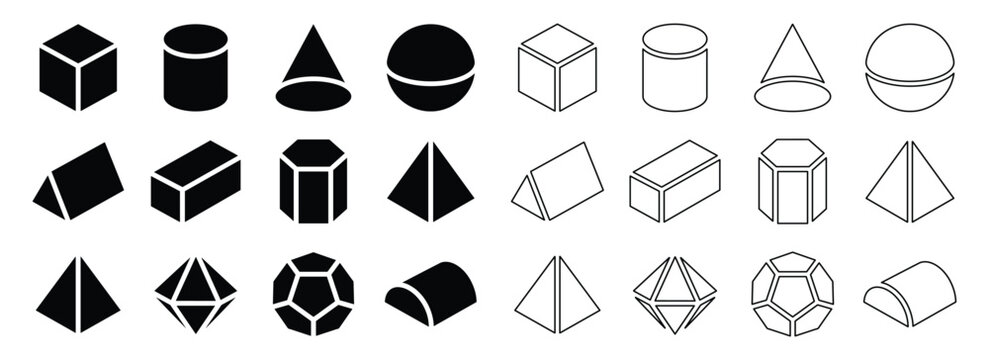 Basic 3D geometric solid shapes vector illustration on transparent grid.