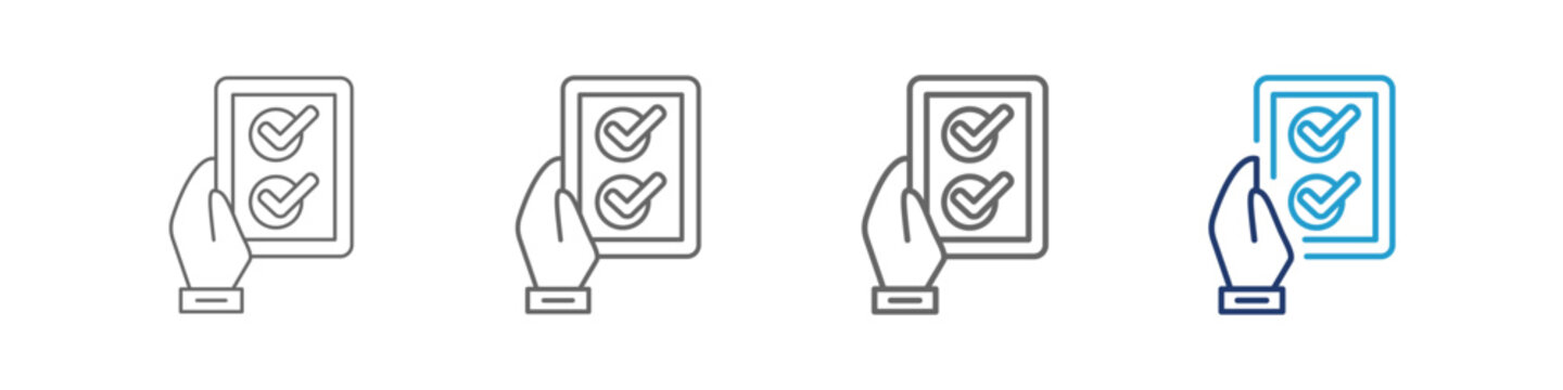 Task list icon shows a computer screen displaying four icon desings related to a task list, likely being worked on in vector graphic. Is created with various line thicknesses and the colour of blue.