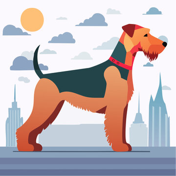 Airedale Terrier Dog Standing in a Cityscape with Clouds and Sun