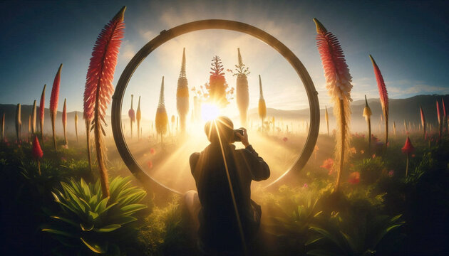 A photographer crouched in a field of tall sunflowers, capturing the sunrise, with the morning mist still clinging to the ground, Ai generated image
