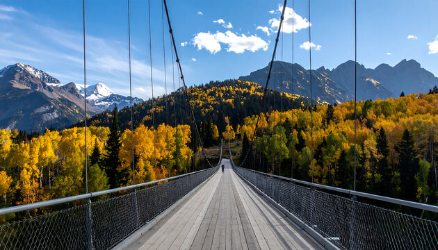 A long suspension bridge stretches over a valley towards a vibrant golden autumn forest with majestic snow-capped mountains in the background under a clear blue sky.