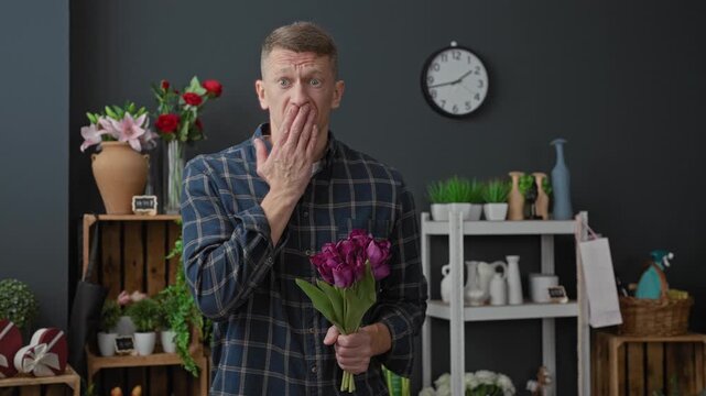 Man florist in plaid shirt holds purple tulips, left hand grasps stems while right hand covers mouth, floral shop shelves and clock visible in studio; surprise apology.