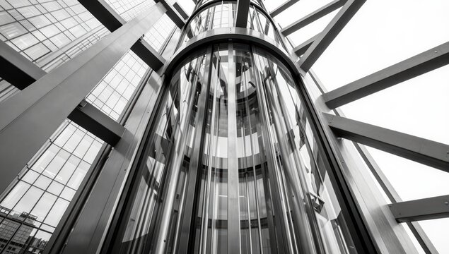 Low angle view of modern glass elevator inside corporate skyscraper building with steel structural beams and bright architectural details in high contrast black and white photography style