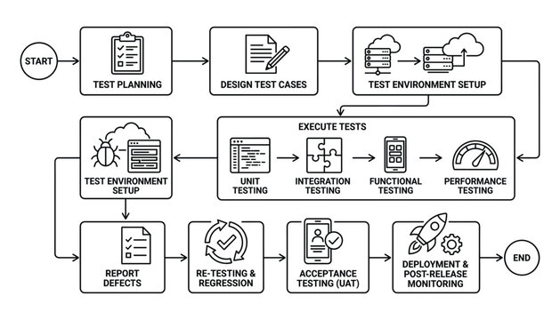 Software development testing process flowchart vector illustration with steps and icons.