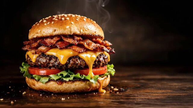 A burger is stacked with bacon, cheese, lettuce, and tomato on a wooden table at a restaurant with warm lighting during the night.