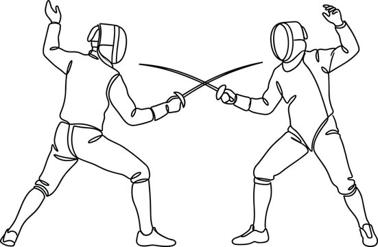 Continuous line art drawing of two fencers in protective gear dueling with swords on white background