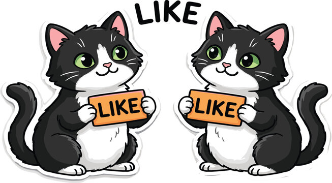 Cute cartoon tuxedo cat characters holding orange like signs vector sticker set isolated on white background
