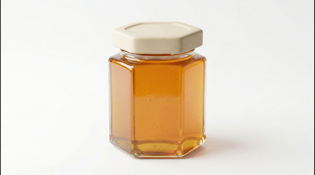 Ultra realistic blank hexagonal honey jar packaging mockup with matte ceramic lid isolated on seamless white background featuring soft studio lighting and realistic glass reflections