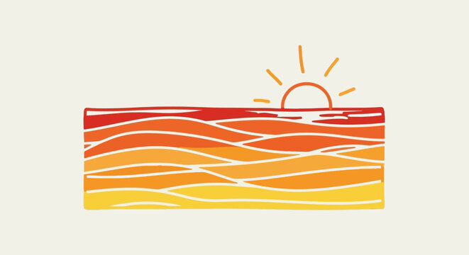 Warm artistic stylized sunset over ocean with orange sun and wavy lines, on a light background vector illustration.