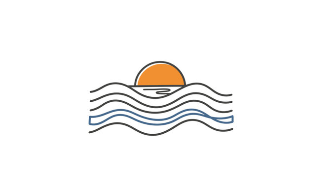 Minimalist orange sun setting or rising above blue ocean waves, isolated white background vector illustration.
