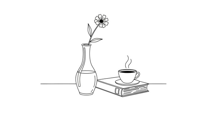 Minimalist one-line drawing of a vase with a flower, stack of books, and steaming cup, representing relaxation and contemplation.