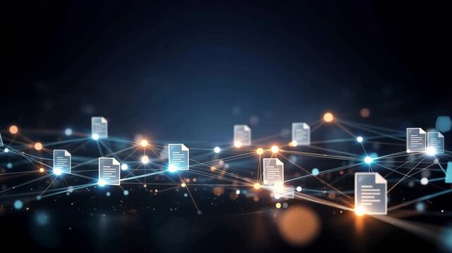 Glowing documents connect through light beams in a digital network during nighttime. The visual highlights technology and data.