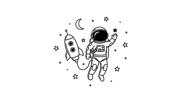 Whimsical line art drawing of an astronaut and rocket ship with stars and moon, symbolizing space exploration and dreams, isolated white background.