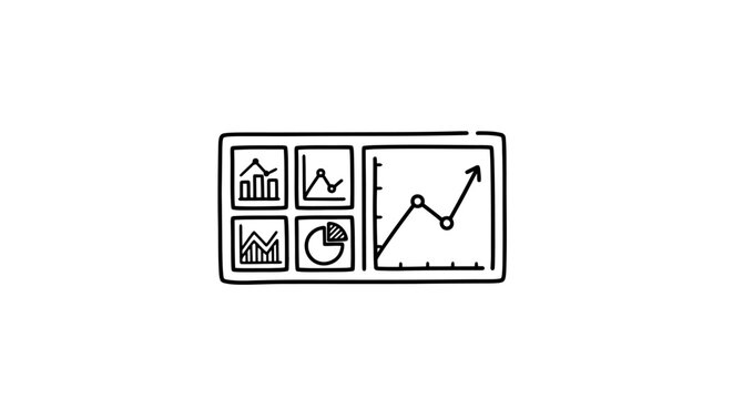 Business Analytics Outline Icons with Various Charts and Graphs on Isolated White Background