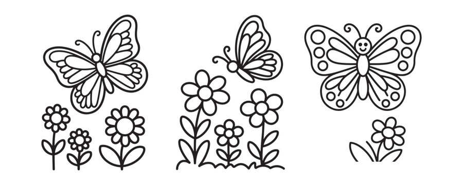 Butterfly coloring page set with flowers, cute insect line art illustrations for kids, black and white garden nature vector sketches