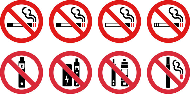 No Smoking and No Vaping Prohibited Sign Vector Set Featuring Red Warning Circles with Cigarette Smoke Vape Pen and Electronic Cigarette Symbols