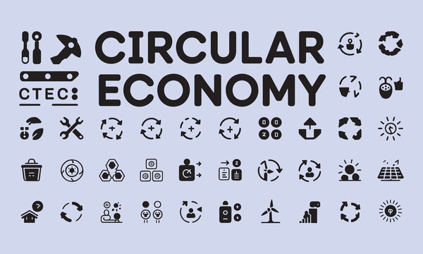 Black vector icons representing circular economy, recycling, renewable energy, zero waste, and sustainable development concepts.