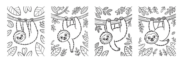 Obraz premium Cute sloth coloring page set, hand drawn sloth characters hanging on jungle branches, 4 black and white vector illustrations for kids activity books