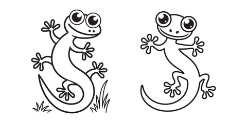 Fototapeta premium Cute lizard cartoon character vector set, smiling gecko line art illustrations, black and white reptile coloring book elements for kids