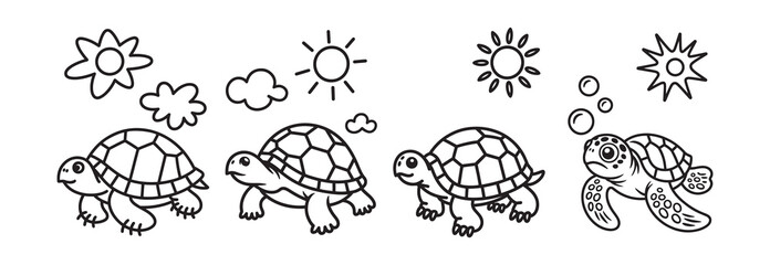 Obraz premium Cute turtle coloring page set, cartoon sea turtle and land tortoise vector illustrations, black and white animal outlines for kids activity books