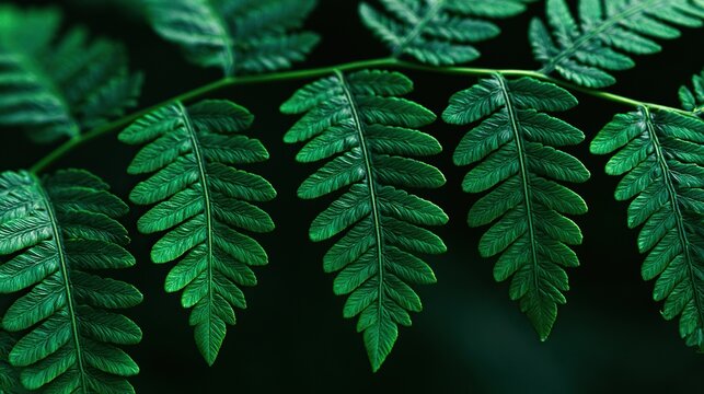 Dark Green Wild Fern Leaf Close Up, High-end Shade Foliage Macro Widescreen Background
