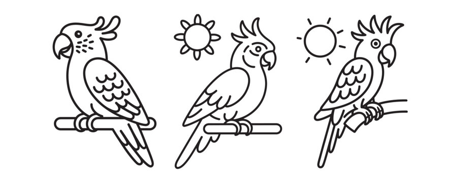 Minimalist cockatoo bird line art icons, tropical parrot vector set, simple black and white exotic bird illustrations for coloring and logos