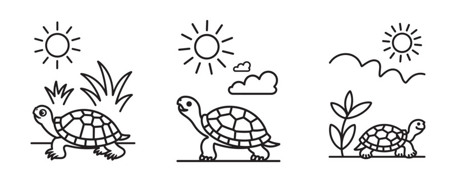 Minimalist turtle line art icons, set of 3 tortoise vector illustrations, cute reptile coloring book elements with sun and plants