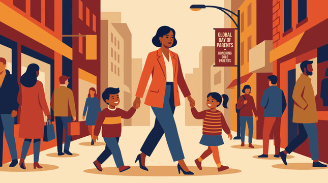 Single Mother Walking with Children in City for Global Day of Parents