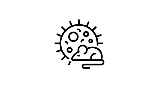 A stylized line art icon depicting a small mouse near a round, speckled object resembling a virus or cell, suggesting themes of science, research, or biology