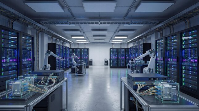 Futuristic High Tech Data Center with Robotic Arms and Holographic Server Management Interface