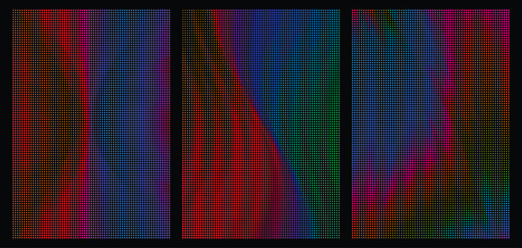 Set of three abstract backgrounds with colorful halftone dot patterns, vibrant gradient waves and flowing shapes for modern digital design