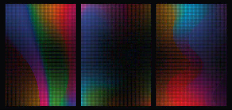 Abstract halftone dot pattern background with vibrant gradient waves in dark theme