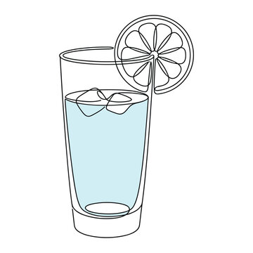 Glass of water with ice and lemon slice vector illustration on transparent background.