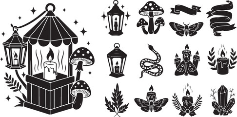 Obraz premium Whimsical black and white mystical illustration set