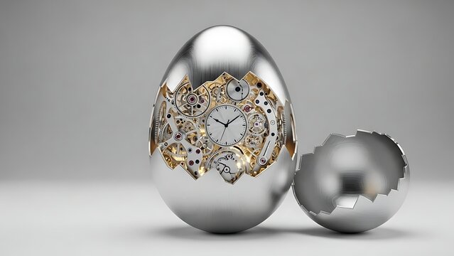 Conceptual 3D illustration of a cracked silver egg revealing a complex mechanical clockwork with gears and a clock face inside, symbol of time and innovation.
