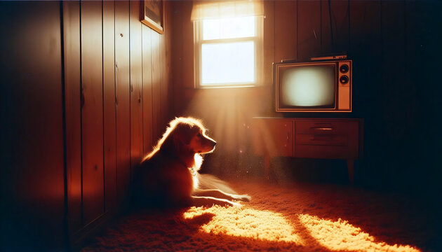 A family dog sleeping peacefully in a square of sunlight on a shag carpet in a 1970s living room, Ai generated image