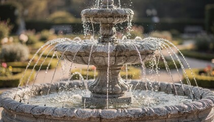 Fototapeta premium Medium shot capturing a classic water fountain centerpiece crystalclear streams of water in focus with blurred ornamental plants and pathways behind.