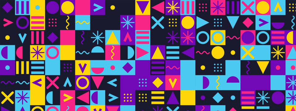 Seamless pattern with geometric shapes, abstract background with colorful circles, triangles, squares, lines, and dots in a modern memphis style