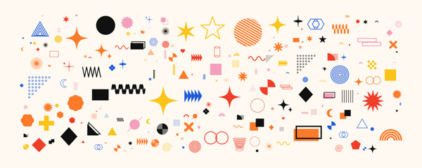 Naklejka premium Set of various geometric shapes, abstract elements, stars, lines, and patterns for modern graphic design, memphis style vector illustration collection