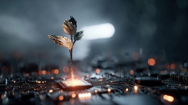 Watch a small plant sprout from a circuit board in a dark space, showcasing the blend of nature and technology in an unexpected growth moment.