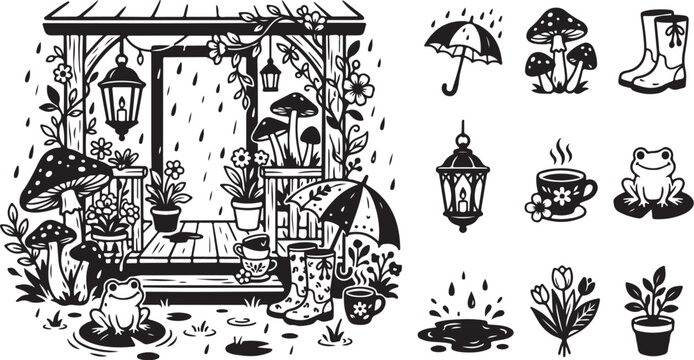 Cozy Rainy Day Porch with Mushrooms and Plants