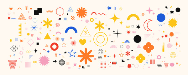Obraz premium Set of abstract geometric shapes, memphis style elements, retro 90s design, vector icons, stars, circles, triangles, flowers, lines, patterns
