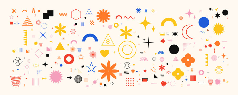 Set of abstract geometric shapes, memphis style elements, retro 90s design, vector icons, stars, circles, triangles, flowers, lines, patterns