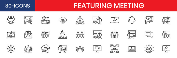 Fototapeta premium Outline Icons Set Featuring Meeting Seminar Lecture Presentation Webinar and Online Business Communication Thin Line Style Minimal High Quality Vector Icons
