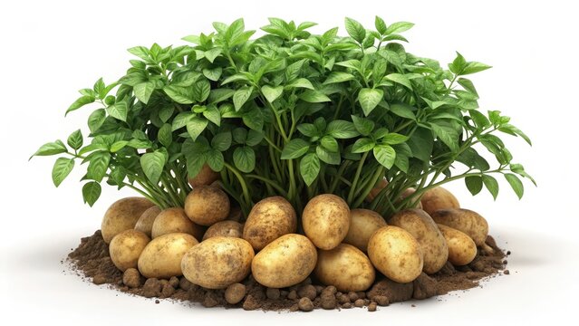 Potato plant with tubers on white background